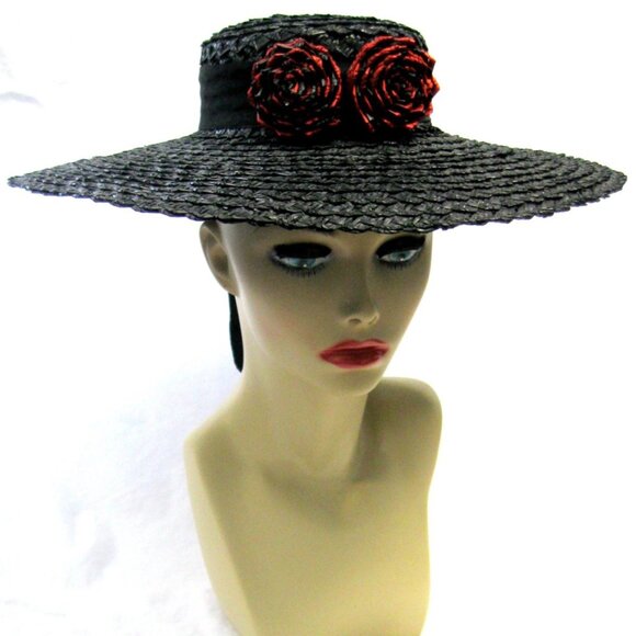 Vintage Large Black Straw Picture Hat with Red Straw Roses and Streamers - Picture 1 of 4